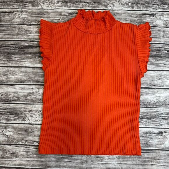 ZARA Women's Bright Orange Ribbed T Tee Shirt S SM Small Lettuce Edge Mock Neck - Picture 10 of 11